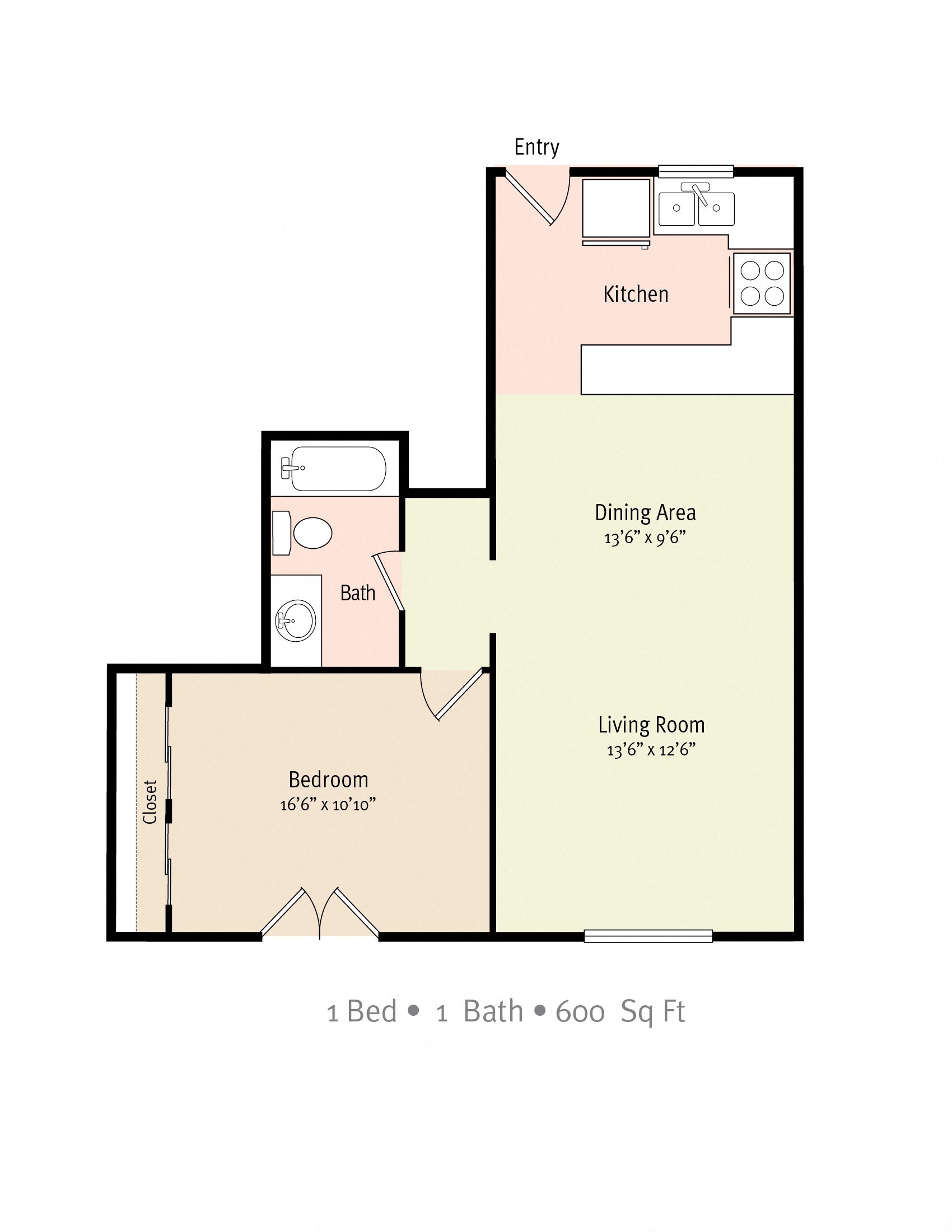 Floor plan for 1 bed, 1 bath, 600 sqft